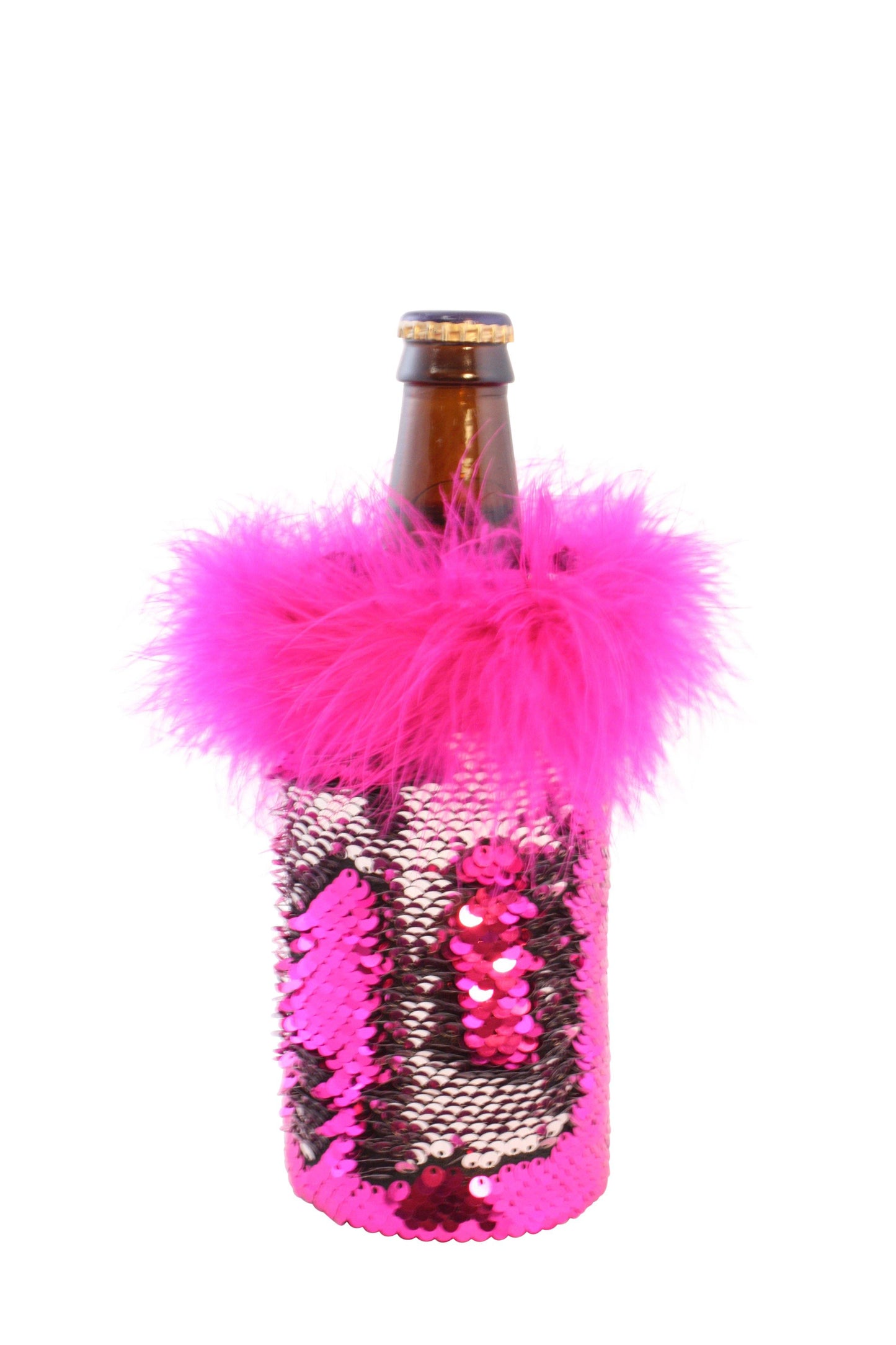 Sequin Beer Cozy - Hot Pink and Silver Reversible Sequin Koozie