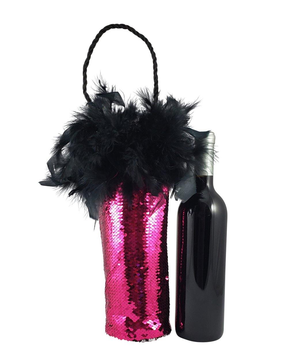 Diva Wine Bag with Hot Pink and Silver Reversible Mermaid Sequin Fabric and Feather Trim - Tipsy Totes | Wine Gifts | Beer Koozies | Wine Totes | Simply Fabulous