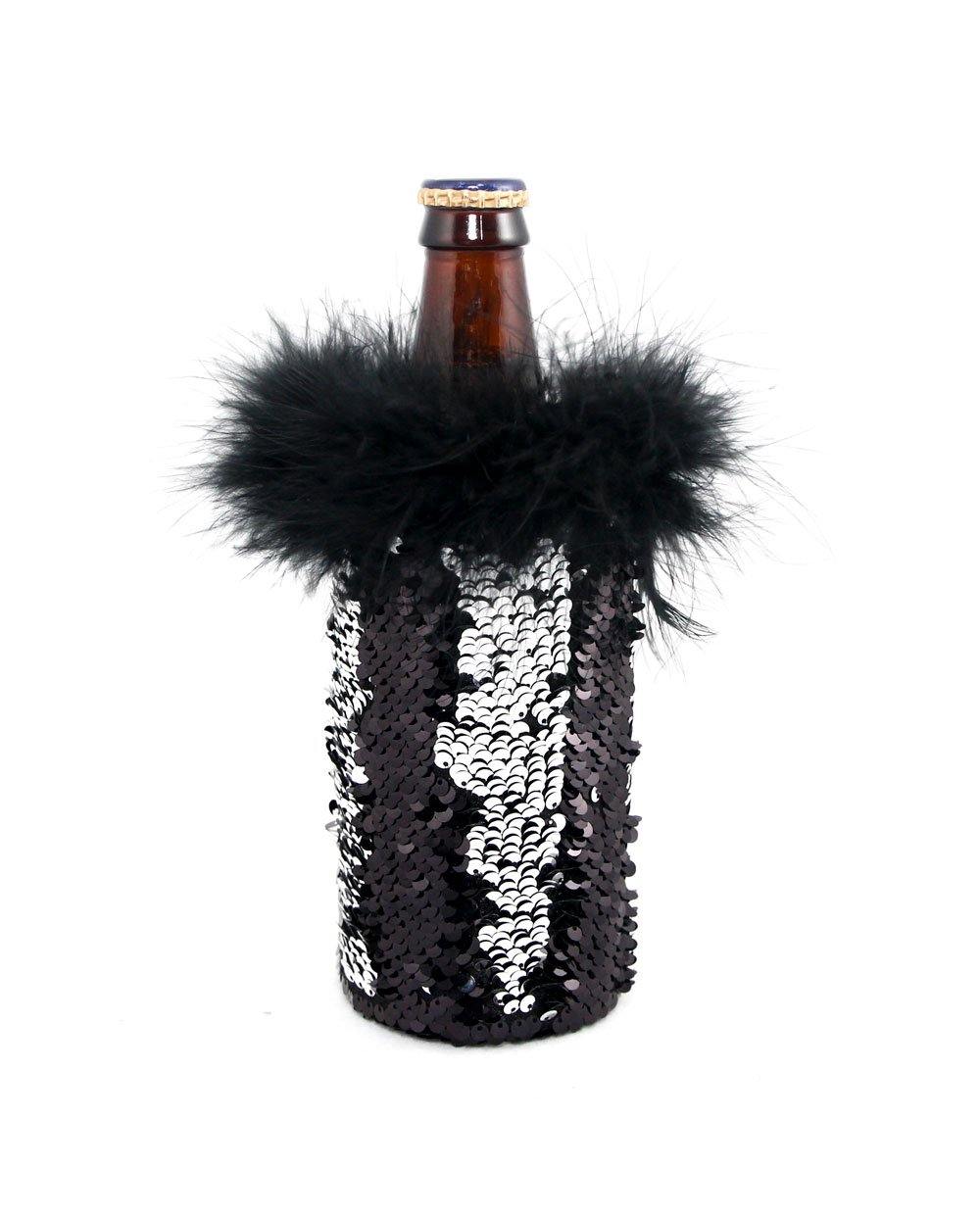 Black and Silver Reversible Mermaid Sequin Fabric Beer Coolies for Water or Beer Bottles - Tipsy Totes | Wine Gifts | Beer Koozies | Wine Totes | Simply Fabulous