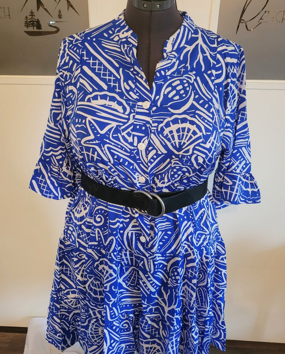 Blue and White Oceanic Print Dress - Plus Size