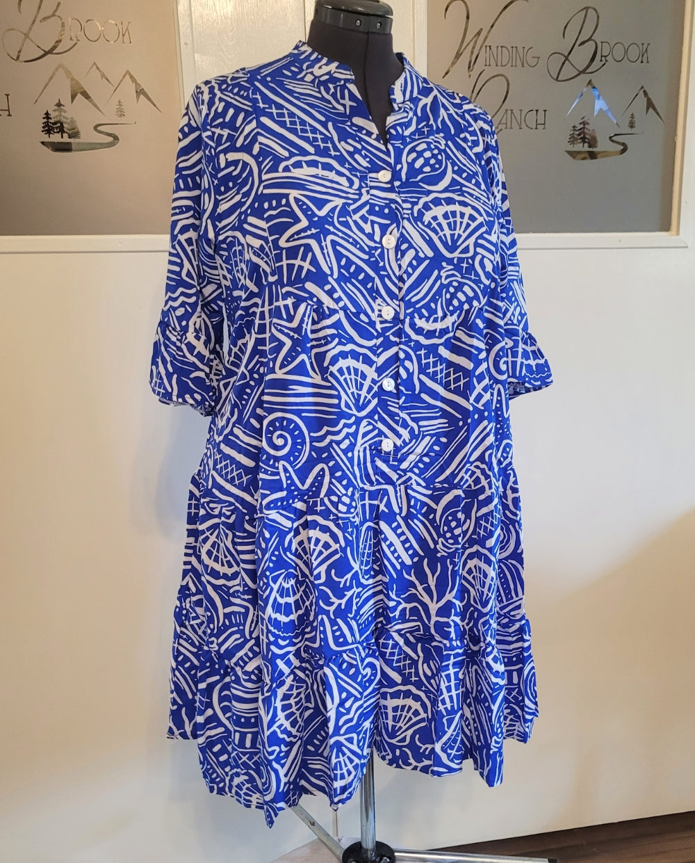 Blue and White Oceanic Print Dress - Plus Size