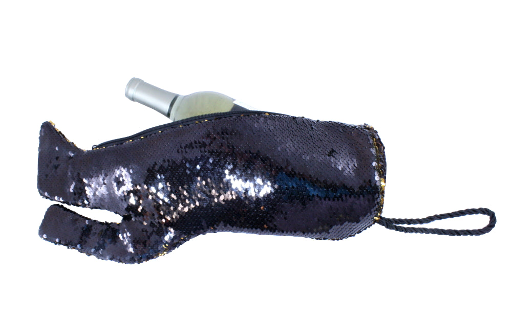 Stiletto Wine Bag in Black and Gold Reversible Mermaid Sequin Fabric