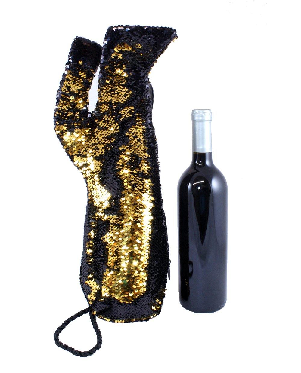 Stiletto Wine Bag in Black and Gold Reversible Mermaid Sequin Fabric - Tipsy Totes | Wine Gifts | Beer Koozies | Wine Totes | Simply Fabulous