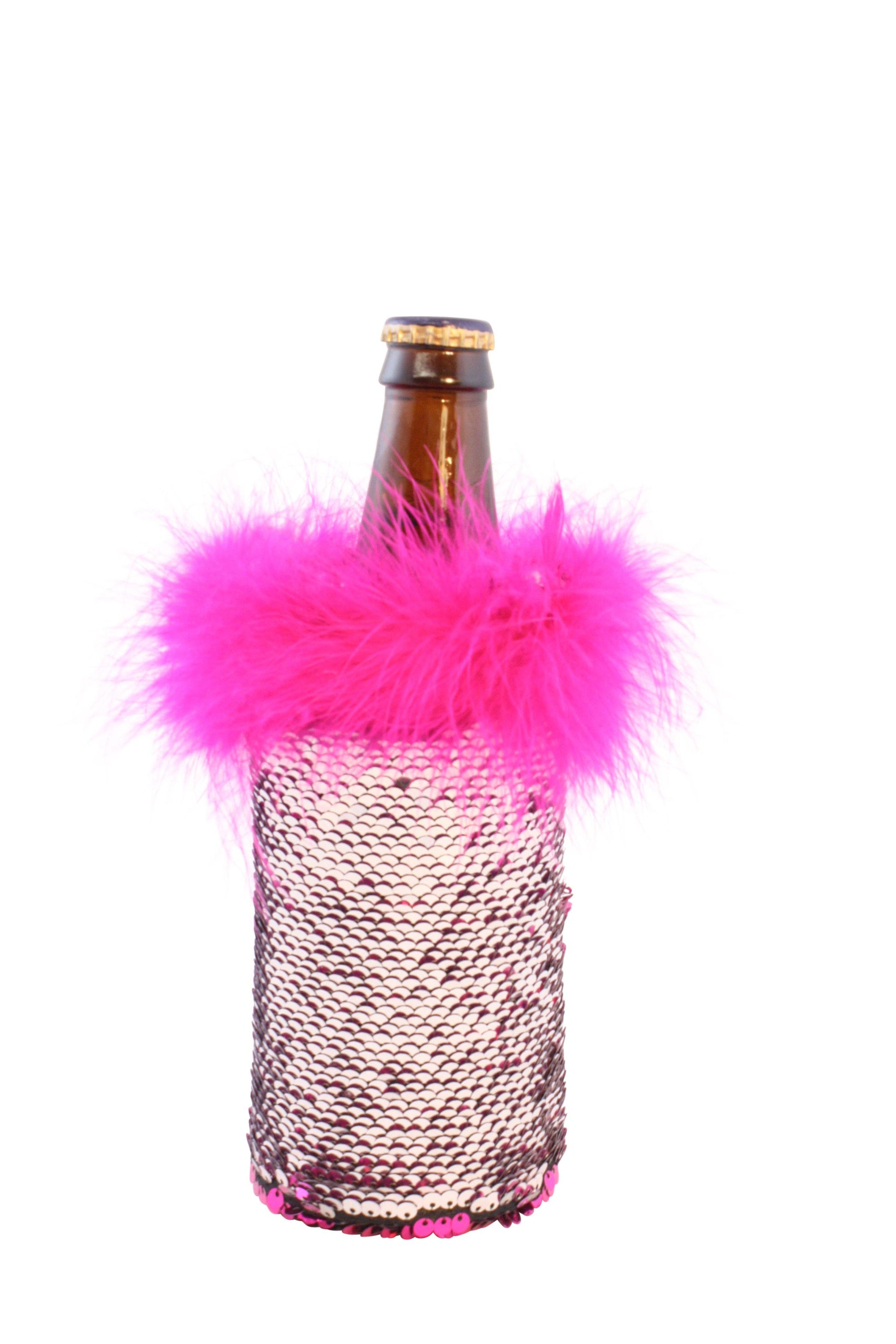 Fabulous Beer Koozie with Silver and Hot Pink Reversible Sequins
