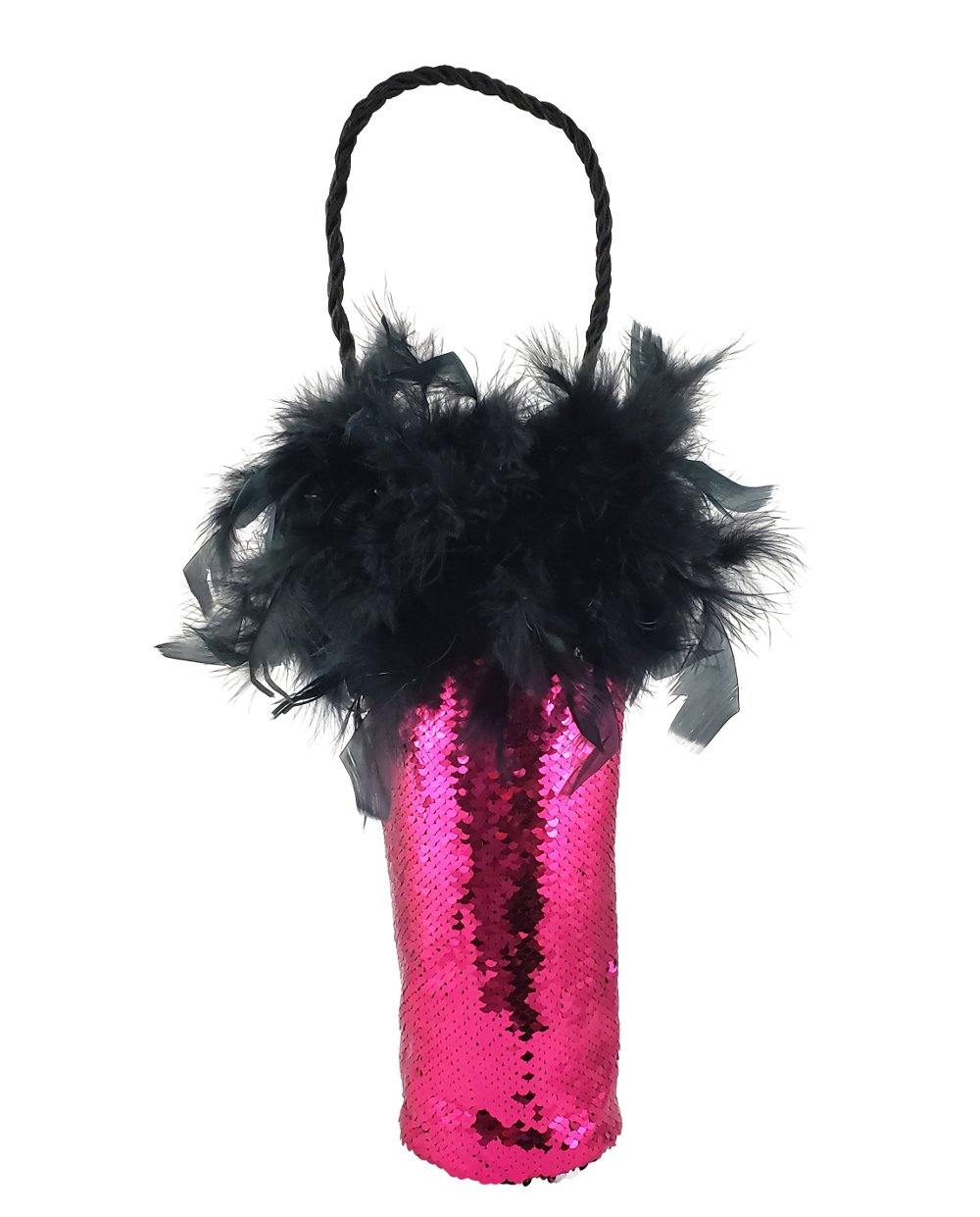 Diva Wine Bag with Hot Pink and Silver Reversible Mermaid Sequin Fabric and Feather Trim - Tipsy Totes | Wine Gifts | Beer Koozies | Wine Totes | Simply Fabulous