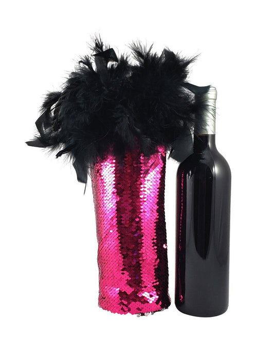 Diva Wine Bag with Hot Pink and Silver Reversible Mermaid Sequin Fabric and Feather Trim - Tipsy Totes | Wine Gifts | Beer Koozies | Wine Totes | Simply Fabulous
