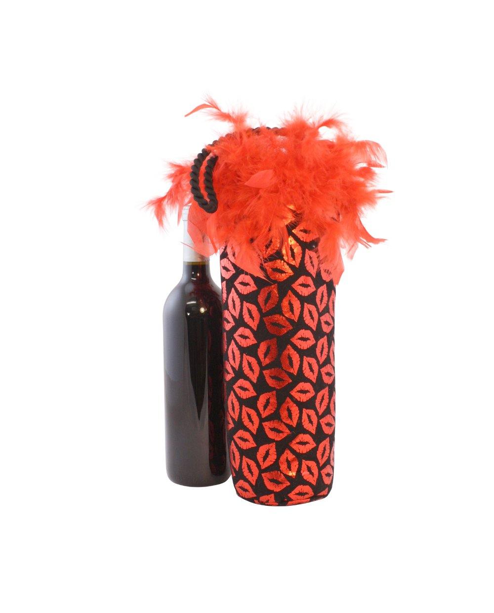 Diva Wine Bag with Red Metallic Lips and Feather Trim - Tipsy Totes | Wine Gifts | Beer Koozies | Wine Totes | Simply Fabulous