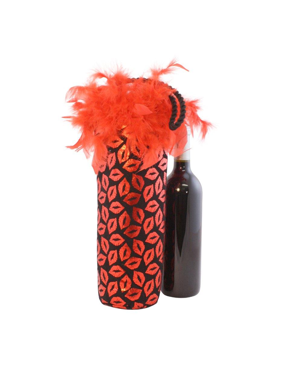 Red Metallic Lips with Feathers Single Bottle Tote by Tipsy Totes