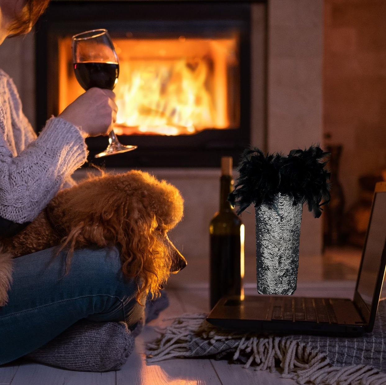 Wine Night in with Silver Wine Tote and a cozy fire