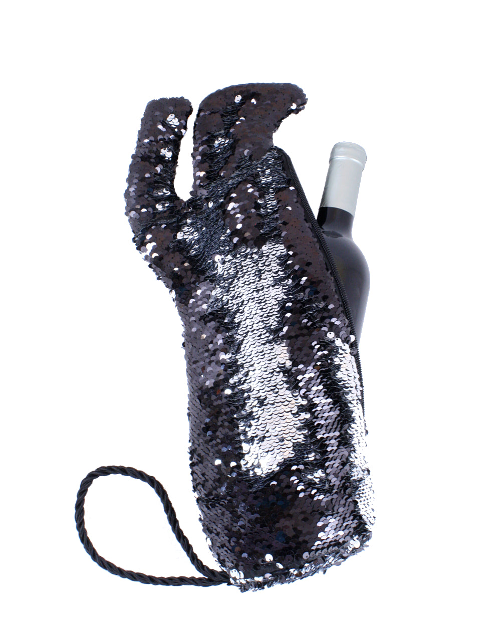 Stiletto Wine Bag in Black and Silver Reversible Mermaid Sequin Fabric