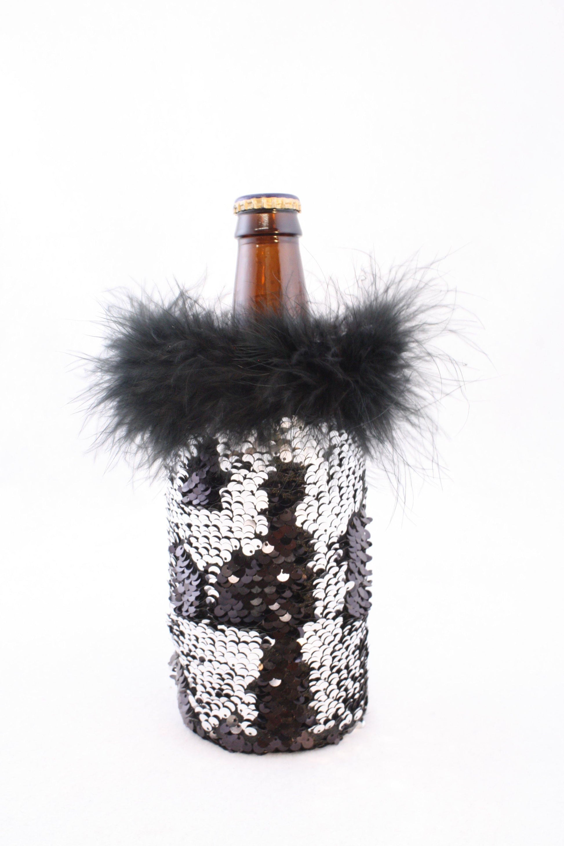 Black and Silver Reversible Mermaid Sequin Fabric Beer Coolies for Water or Beer Bottles - Tipsy Totes | Wine Gifts | Beer Koozies | Wine Totes | Simply Fabulous